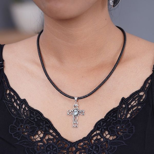 Alternate image for Unique Indonesian Sterling Silver and Blue Topaz Necklace Balinese Cross