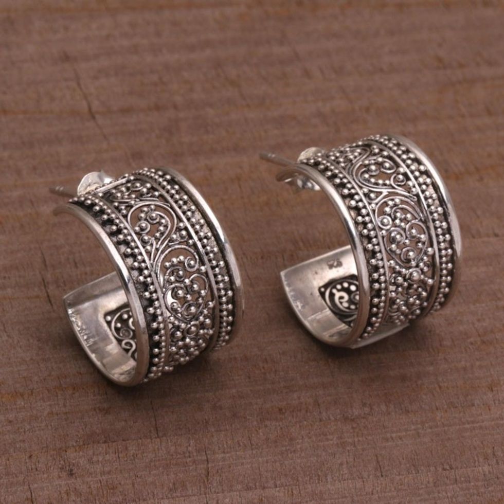 Sterling Silver Openwork Half-Hoop Earrings from Bali 'Merajan Majesty'