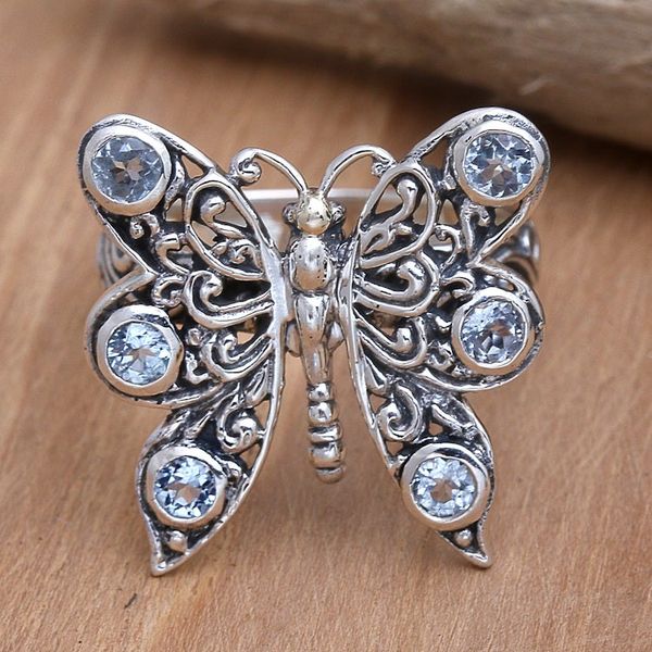 Alternate image for Balinese Cocktail Ring with Blue Topaz Pretty Butterfly in Blue