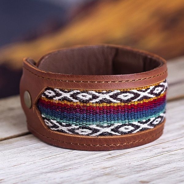 Alternate image for Handmade Leather and Wool Bracelet from Peru Cusco Lands