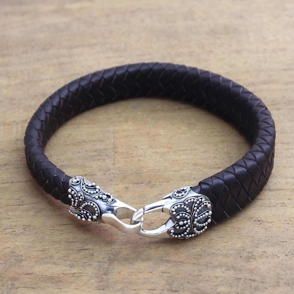 Men's Leather and Sterling Silver Bracelet in Brown 'Bun Claw in Brown'