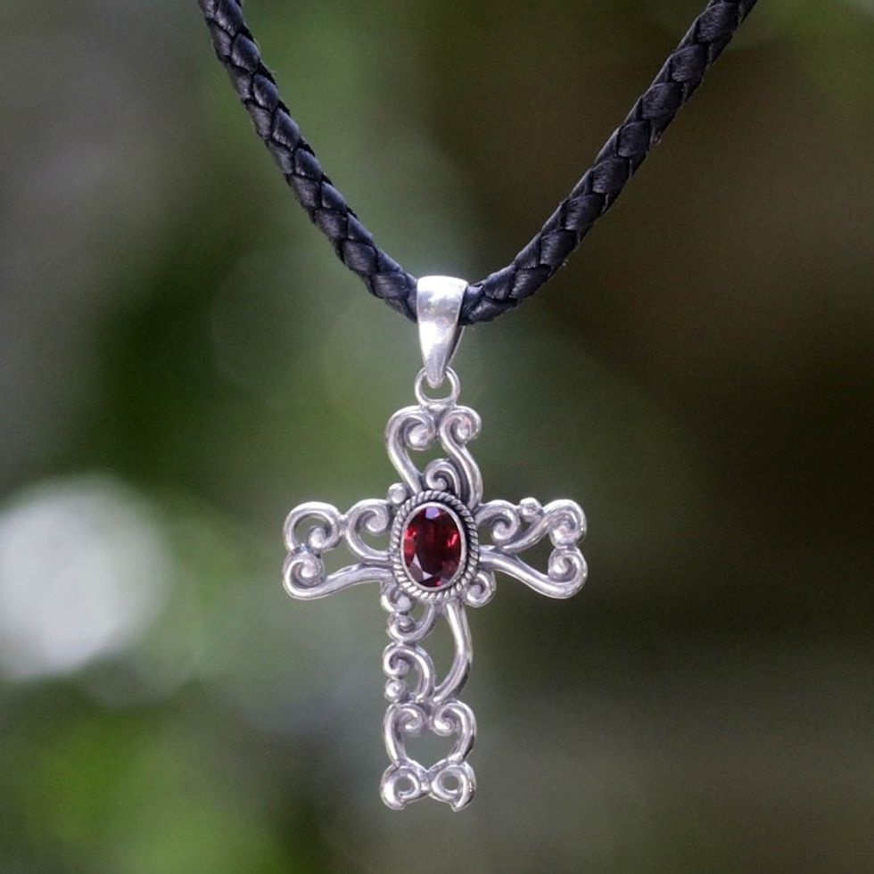 Sterling Silver and Garnet Religious Necklace 'Balinese Cross'