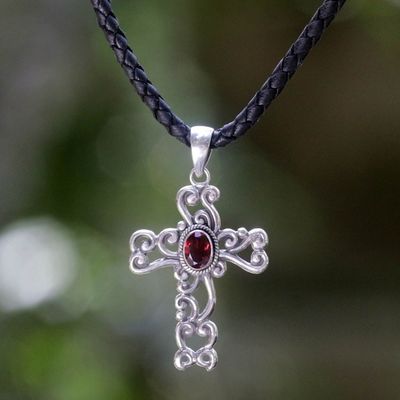 Alternate image for Sterling Silver and Garnet Religious Necklace Balinese Cross