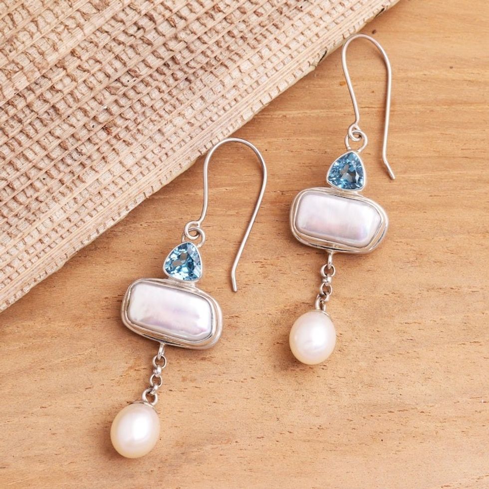 Cultured pearl and blue topaz dangle earrings 'Allegory'