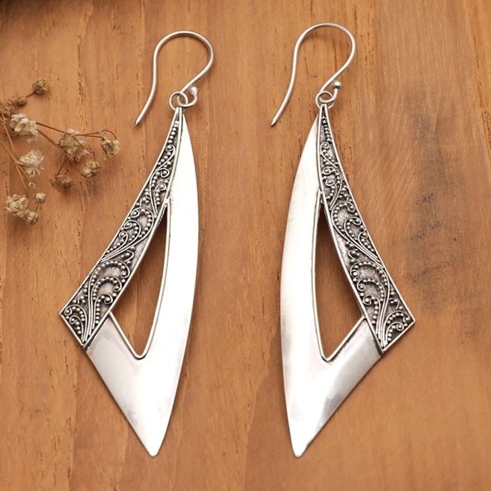 Traditional Triangular Sterling Silver Dangle Earrings 'Sail to Badung'