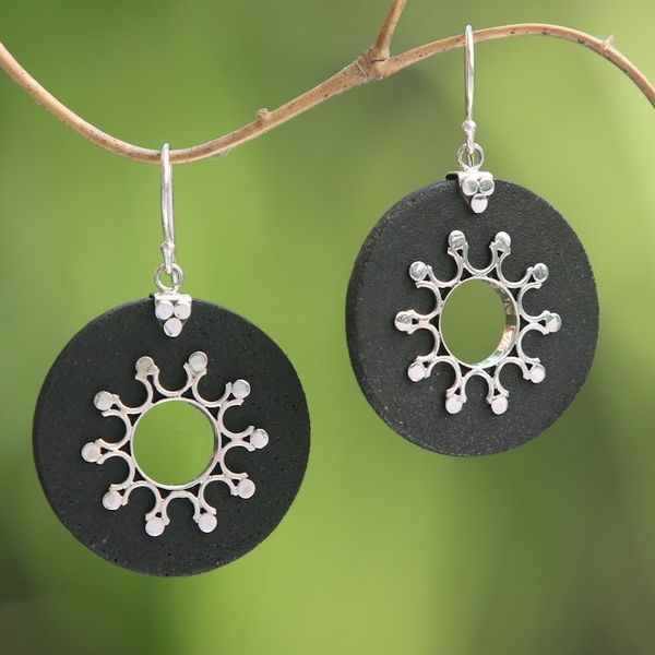 Alternate image for Sterling Silver Lava Stone Dark Sun Black Dangle Earrings Dark Sun