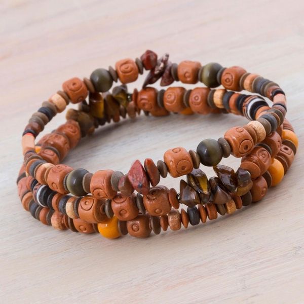 Alternate image for Set of 3 Tigers Eye and Ceramic Beaded Bracelets from Peru Andean Temples