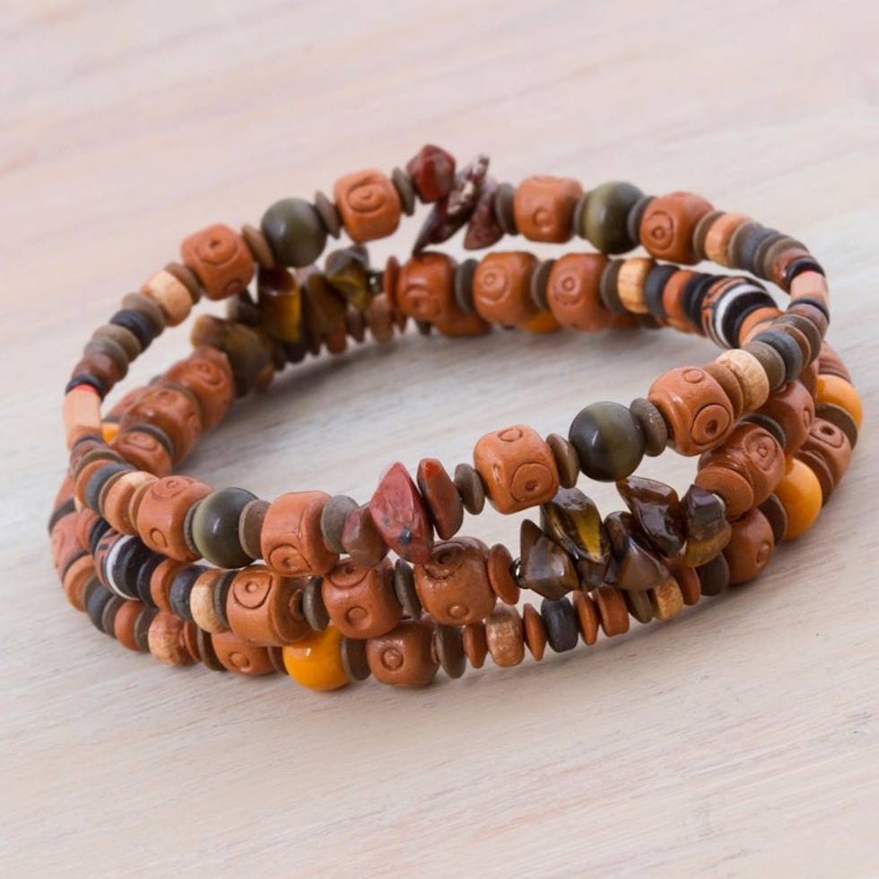 Set of 3 Tiger's Eye and Ceramic Beaded Bracelets from Peru 'Andean Temples'