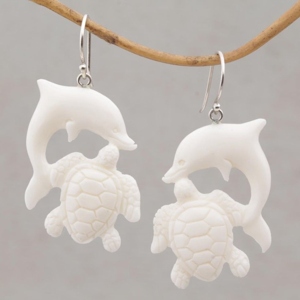 Bone Dangle Earrings with Dolphin and Tortoise Theme 'Friends Among the Waves'