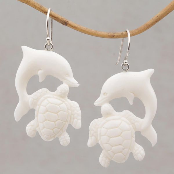 Alternate image for Bone Dangle Earrings with Dolphin and Tortoise Theme Friends Among the Waves