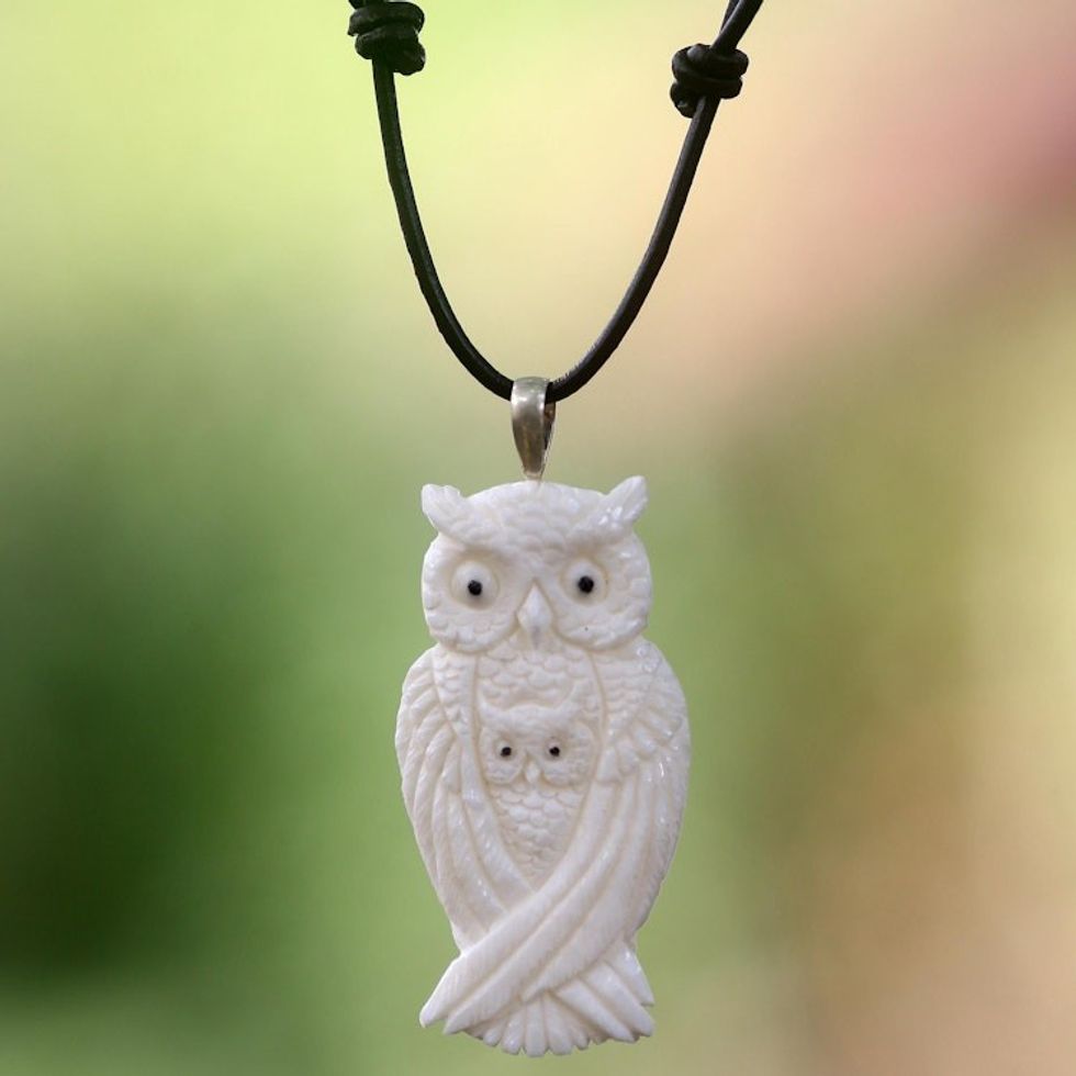 Artisan Crafted Owl Family Pendant on Leather Cord Necklace 'White Owl Family'