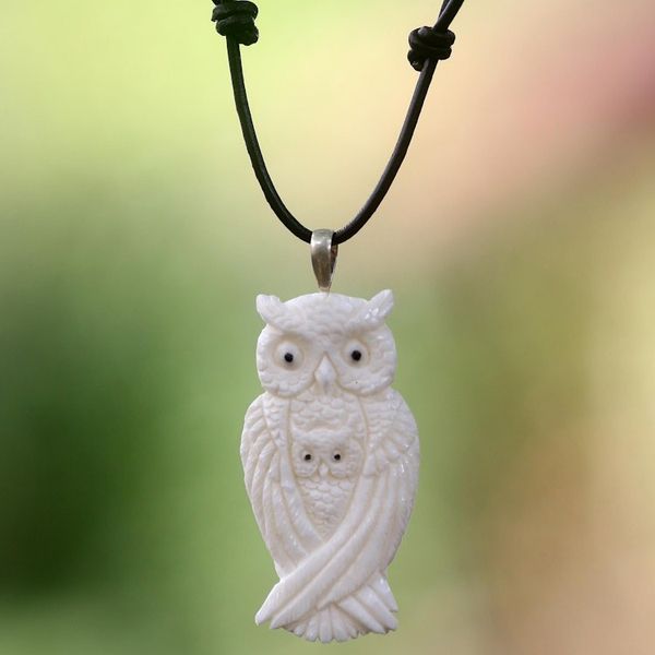 Alternate image for Artisan Crafted Owl Family Pendant on Leather Cord Necklace White Owl Family