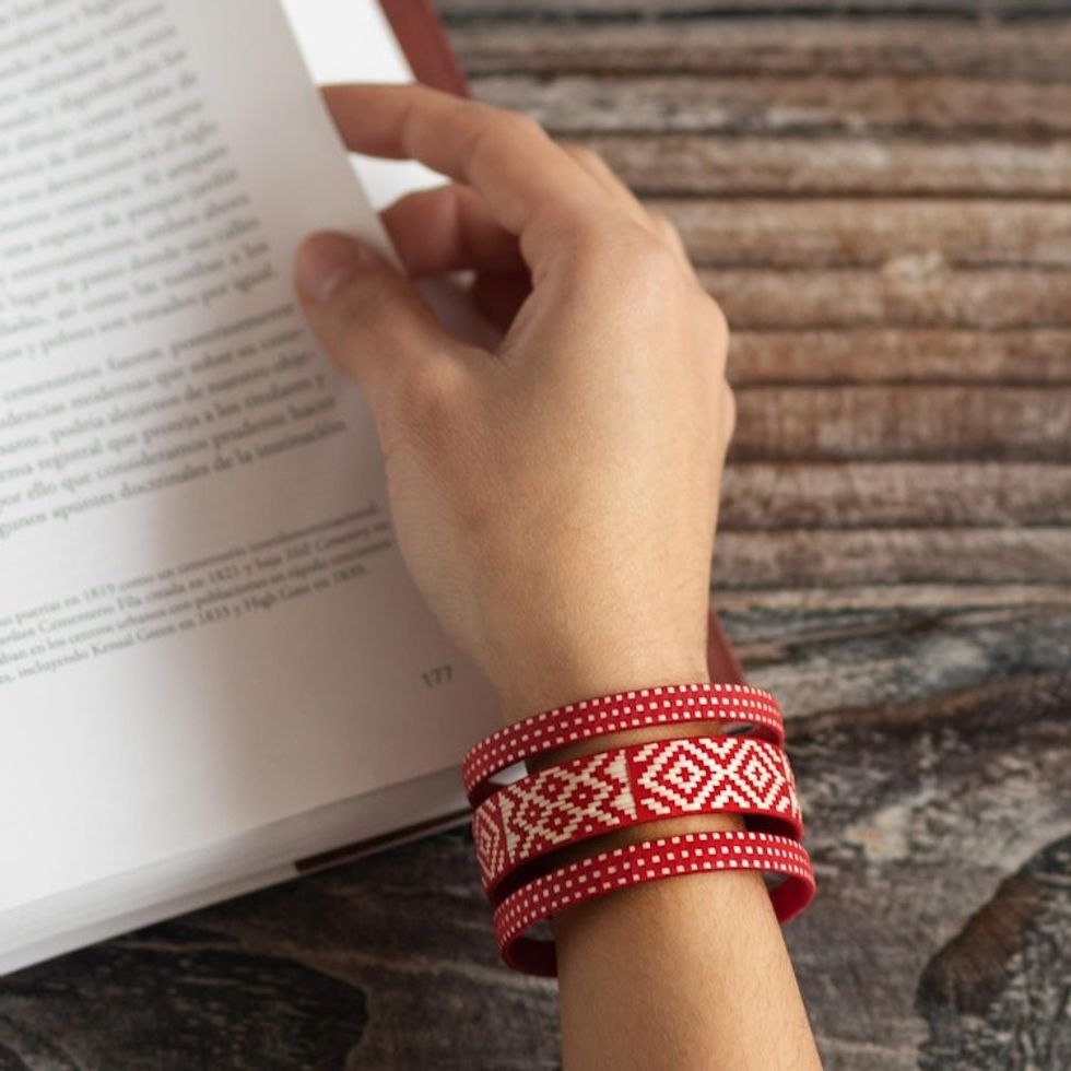 Natural Fiber Red and Off-White Cuff Bracelet from Colombia 'Harvest Weave'