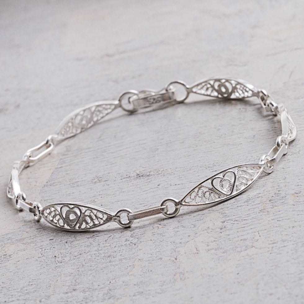 Sterling Silver Filigree Heart Motif Link Bracelet from Peru 'Sweet Hearts'