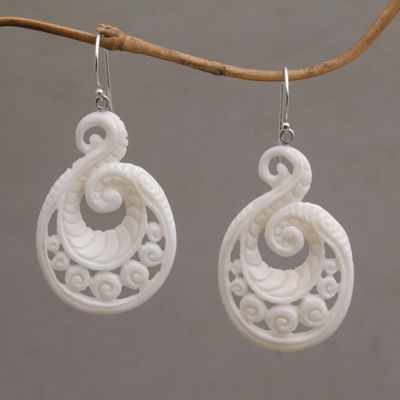 Alternate image for Handcrafted Bone Spiral Motif Dangle Earrings from Bali Swirling Scales