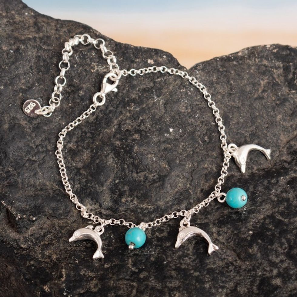 Dolphin-Themed Reconstituted Turquoise Charm Bracelet 'Marine Protection'