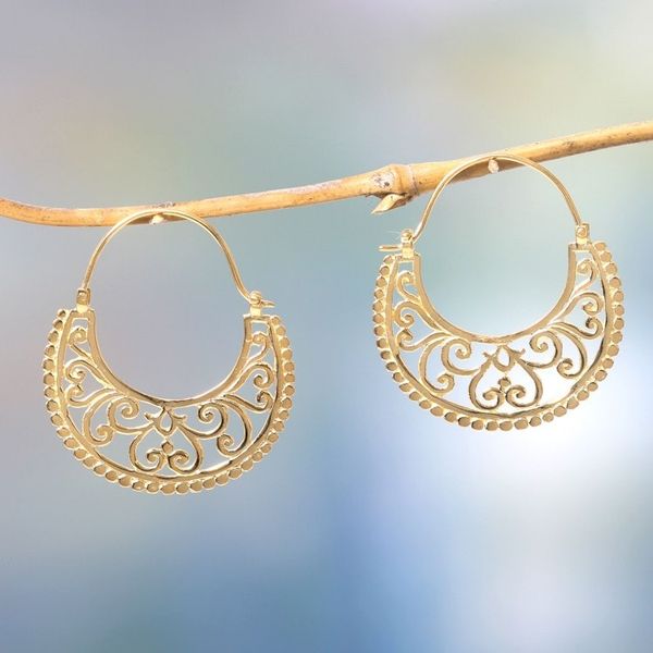 Alternate image for Unique Hoop Earrings in 22k Gold Vermeil from Bali Moonlit Garden