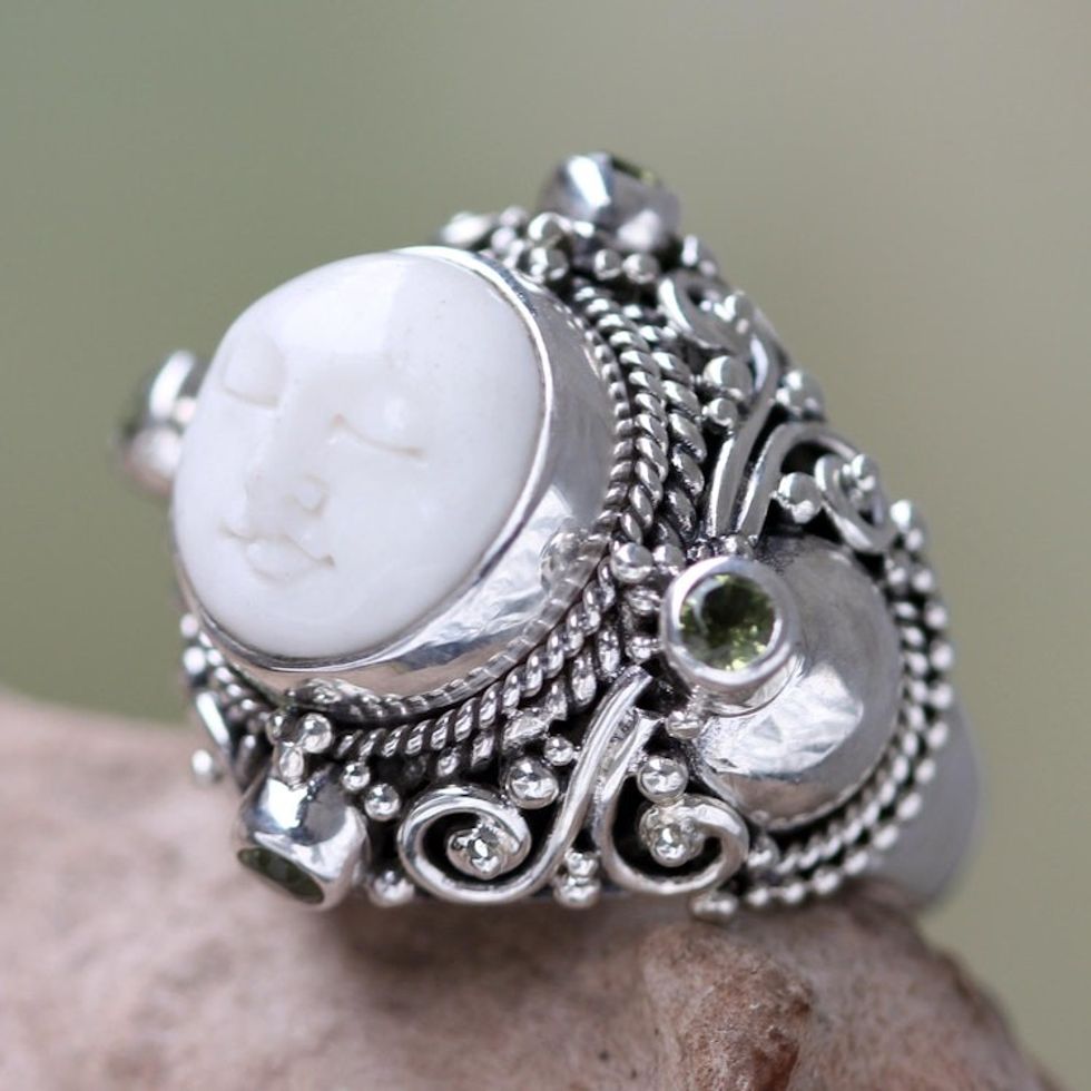 Peridot Statement Ring in Silver and Hand Carved Bone 'Quiet Dreams'