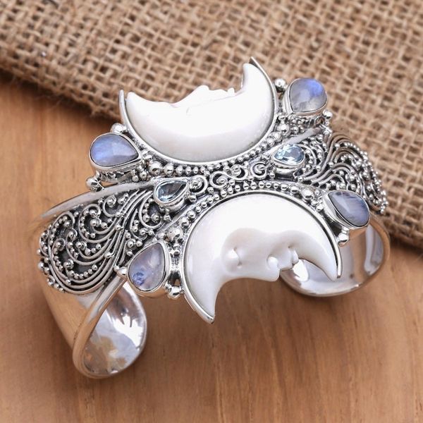 Alternate image for Rainbow Moonstone and Blue Topaz Cuff Bracelet from Bali Moon Duo