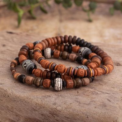 Alternate image for Set of 3 Handmade Stretch Bracelets of Brown Ceramic Beads Soul of the Andes