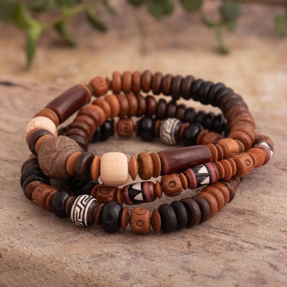 Andean Artisan Crafted 3 Bracelets of Brown Ceramic Beads 'Soul of Huaylas'