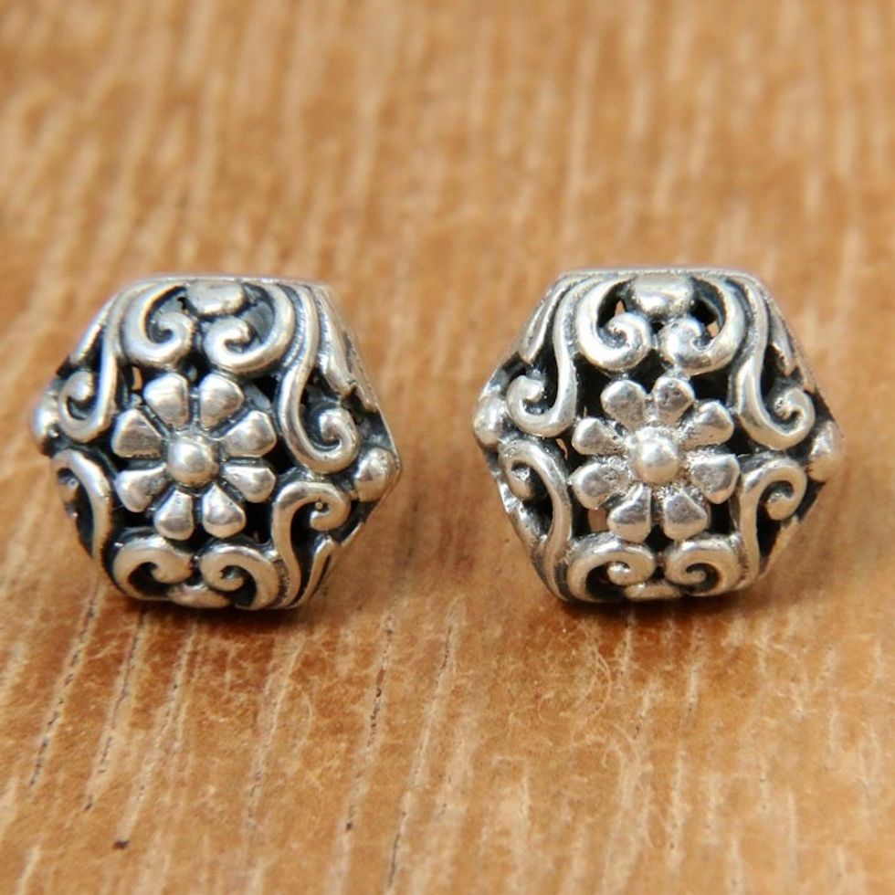 Hexagonal Sterling Silver Button Earrings with Daisy Motif 'Daisy'