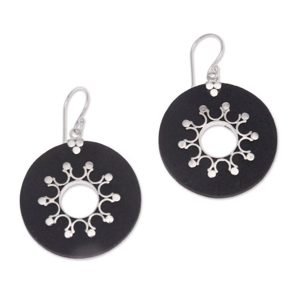 Alternate image for Sterling Silver Lava Stone Dark Sun Black Dangle Earrings Dark Sun