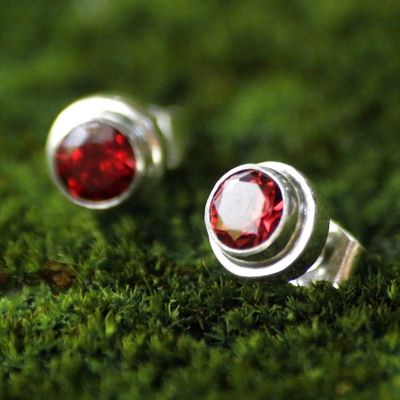 Alternate image for Genuine Garnet and Sterling Silver Stud Earrings from Bali Red Simplicity