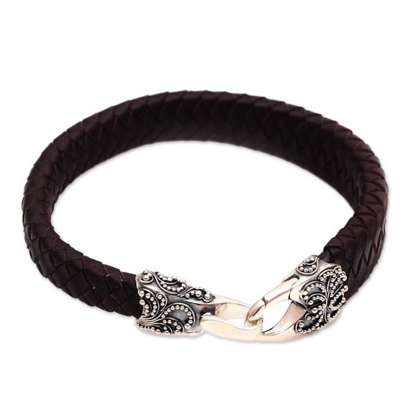 Alternate image for Mens Leather and Sterling Silver Bracelet in Brown Bun Claw in Brown