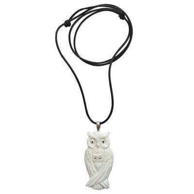 Alternate image for Artisan Crafted Owl Family Pendant on Leather Cord Necklace White Owl Family