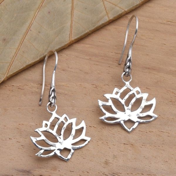 Alternate image for Handcrafted Sterling Silver Lotus Blossom Dangle Earrings Lotus Silhouette
