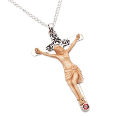 Alternate image for Garnet and Bone Crucifix Pendant Necklace from Bali INRI Crucifix