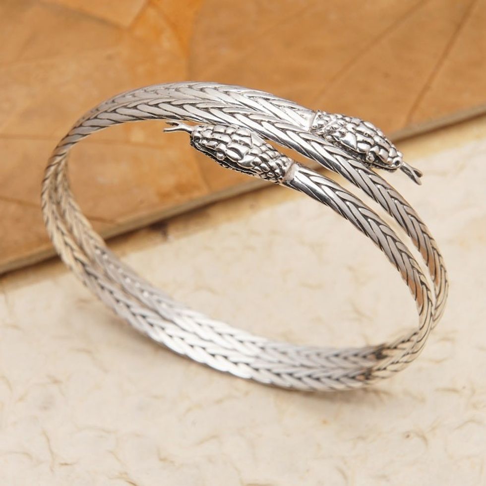 Traditional Snake-Themed Sterling Silver Bangle Bracelet 'Snake Directions'