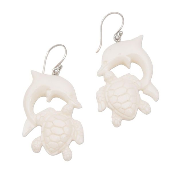 Alternate image for Bone Dangle Earrings with Dolphin and Tortoise Theme Friends Among the Waves