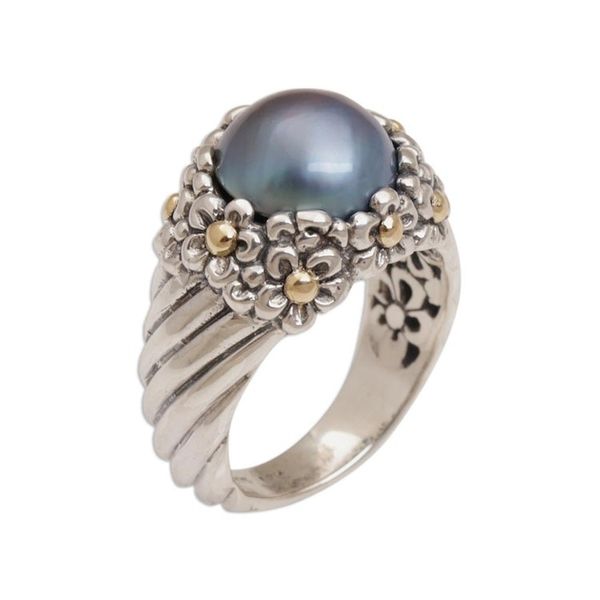 Alternate image for Blue Cultured Pearl Cocktail Ring with Floral Motifs Dusky Daisy