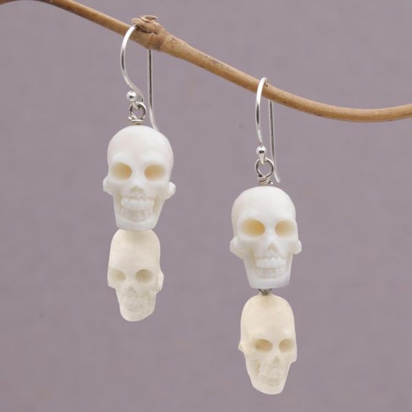 Alternate image for Handcrafted Bone Skull Dangle Earrings from Bali Trunyan Skulls