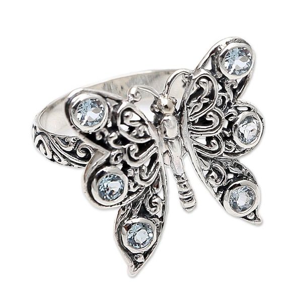 Alternate image for Balinese Cocktail Ring with Blue Topaz Pretty Butterfly in Blue