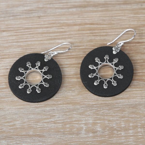 Alternate image for Sterling Silver Lava Stone Dark Sun Black Dangle Earrings Dark Sun