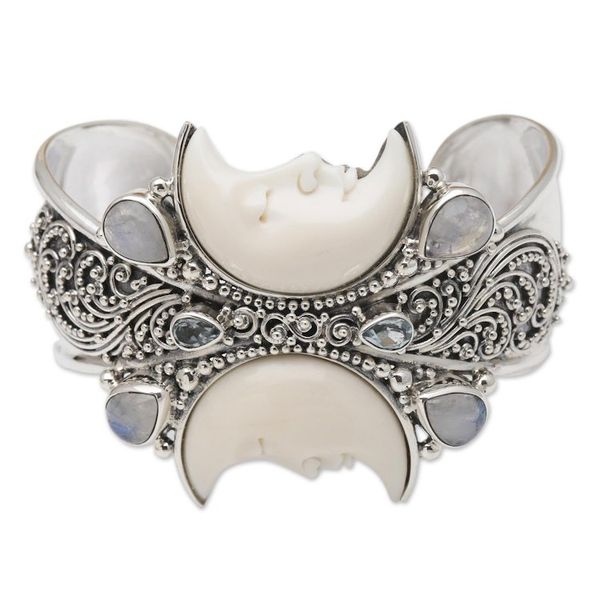 Alternate image for Rainbow Moonstone and Blue Topaz Cuff Bracelet from Bali Moon Duo