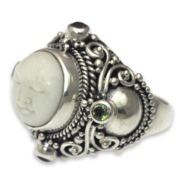 Alternate image for Peridot Statement Ring in Silver and Hand Carved Bone Quiet Dreams