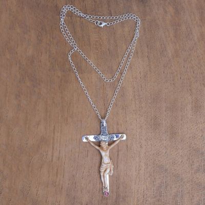 Alternate image for Garnet and Bone Crucifix Pendant Necklace from Bali INRI Crucifix