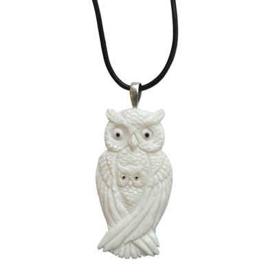 Alternate image for Artisan Crafted Owl Family Pendant on Leather Cord Necklace White Owl Family