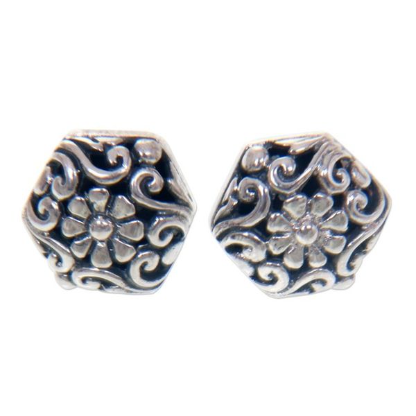 Alternate image for Hexagonal Sterling Silver Button Earrings with Daisy Motif Daisy