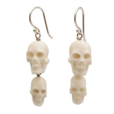 Alternate image for Handcrafted Bone Skull Dangle Earrings from Bali Trunyan Skulls