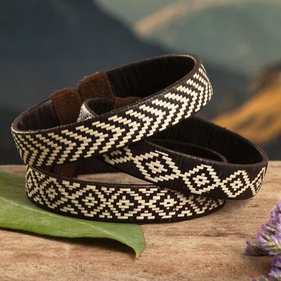 Alternate image for Brown Woven Colombian Cane Fiber Cuff Bracelets Set of 3 Brown Colombian Geometry