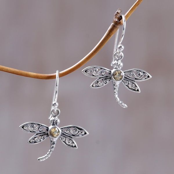 Alternate image for Sterling Silver Citrine Dangle Earrings Enchanted Dragonfly