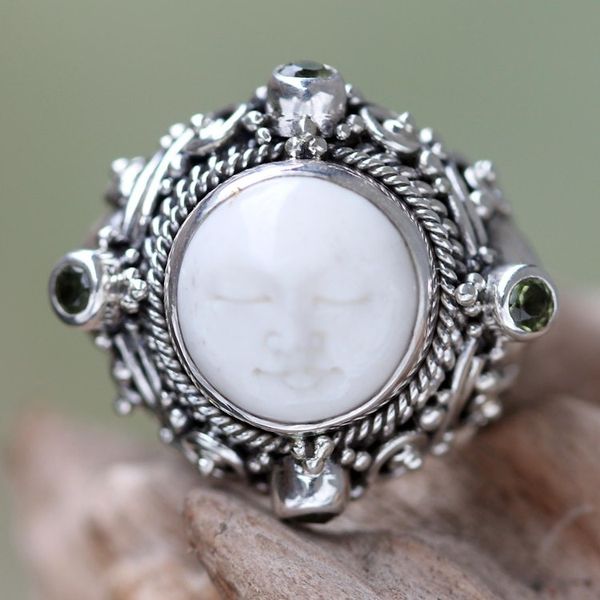 Alternate image for Peridot Statement Ring in Silver and Hand Carved Bone Quiet Dreams