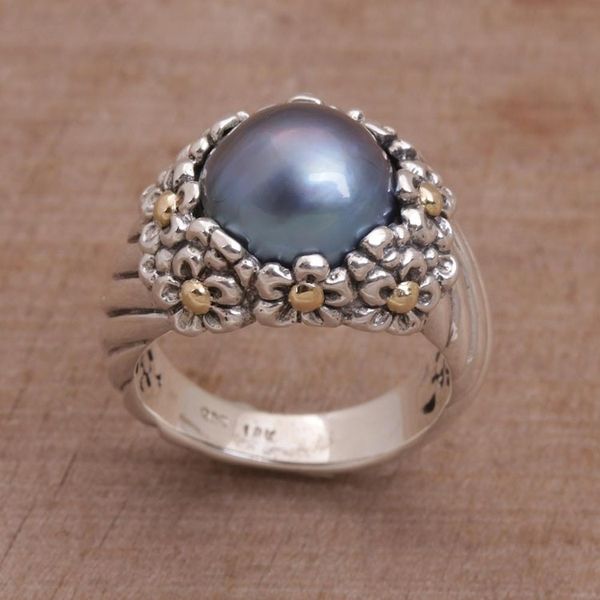 Alternate image for Blue Cultured Pearl Cocktail Ring with Floral Motifs Dusky Daisy