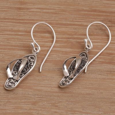 Alternate image for Handmade Sterling Silver Dangle Sandal Earrings from Bali Celuk Sandal