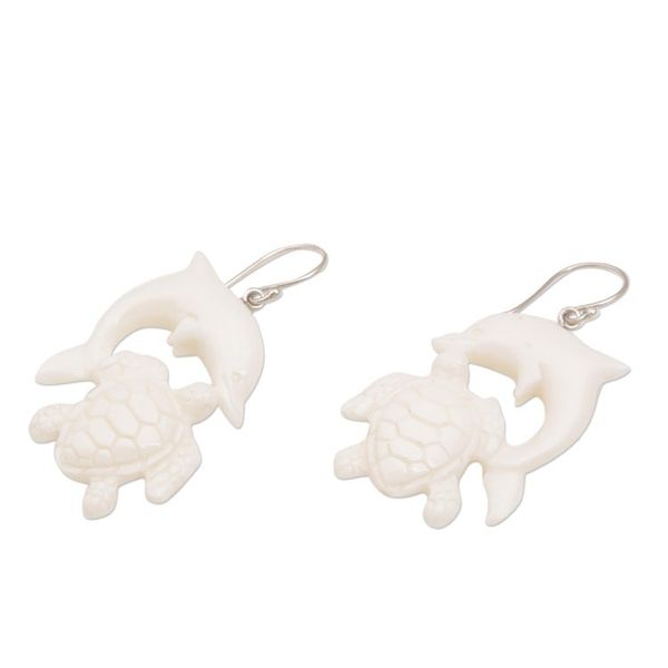 Alternate image for Bone Dangle Earrings with Dolphin and Tortoise Theme Friends Among the Waves